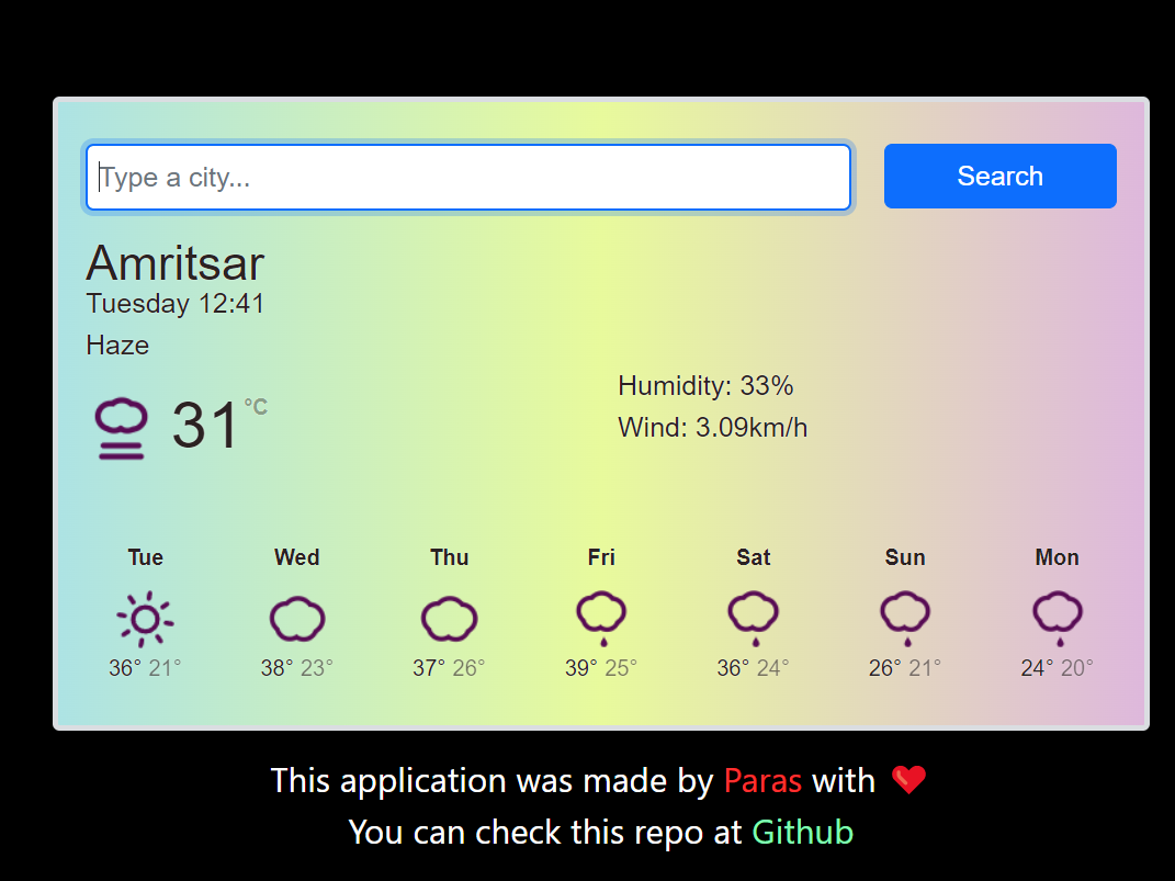 A weather app displaying different weather days